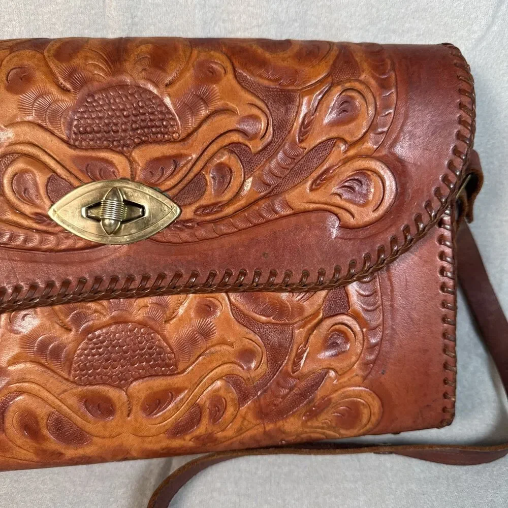 Jo-O-Kay Shoulder Bag Hand Tooled Leather Embossed Boho Western Vintage Joo Kay